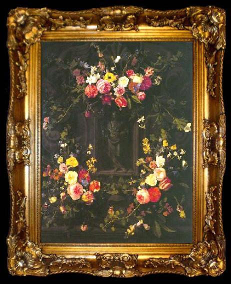 framed  Jan Philip van Thielen Garland of flowers surrounding Christ figure in grisaille, ta009-2